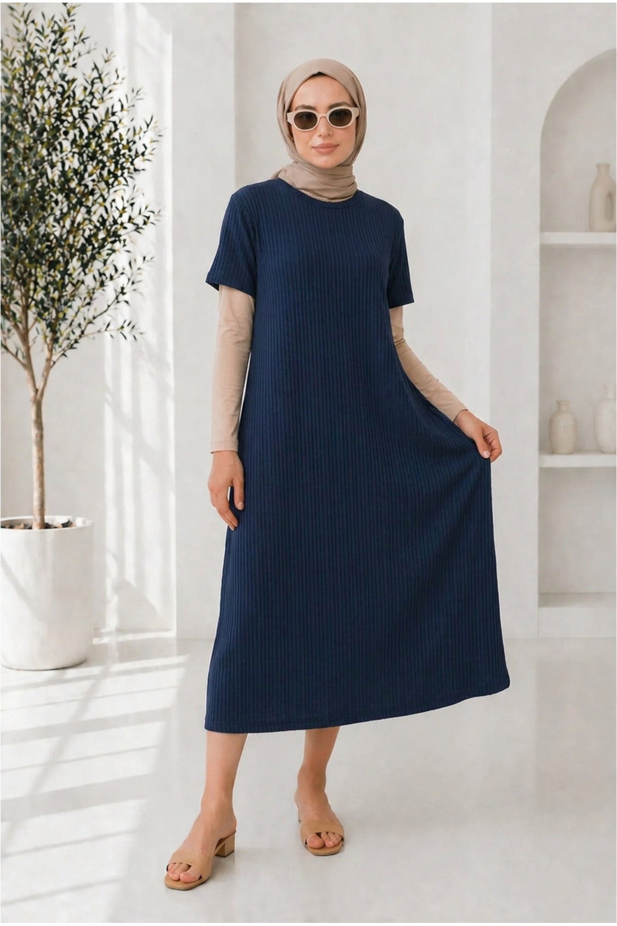 Kadın Oversize Tesettüre Uyumlu Rahat Günlük Salaş Fitilli Elbise - Lacivert1 - 2