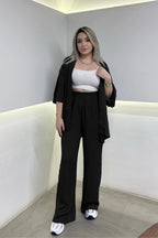 Kadın Dökümlü Bürümcük Yazlık Kimono Takım - Black c1 - 2