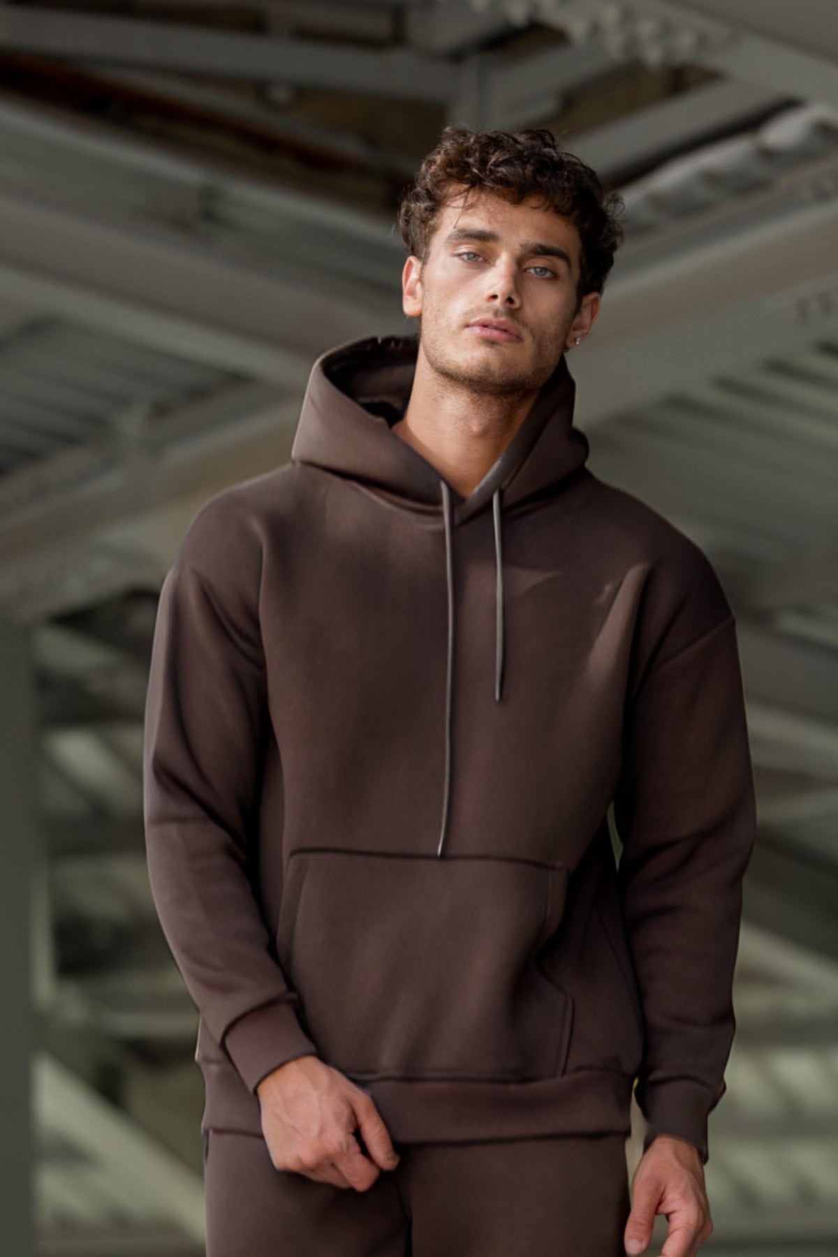 Erkek Ribanalı Kapşonlu Yaka Sweatshirt 3 İplik - Kahverengi - 3