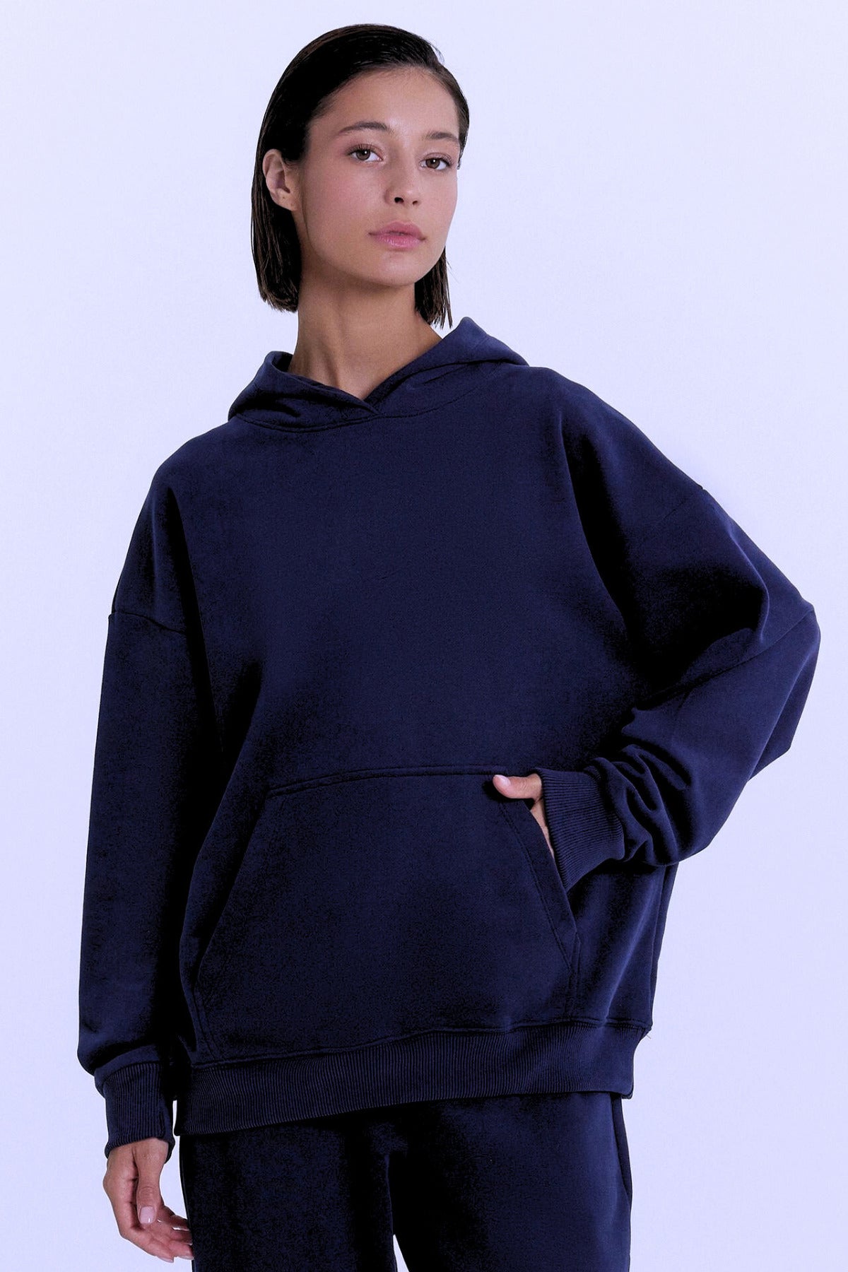 Kadın Baskısız Düz İ̇çi Şardonlu Kalın Kışlık Sweatshirt - Lacivert - 1