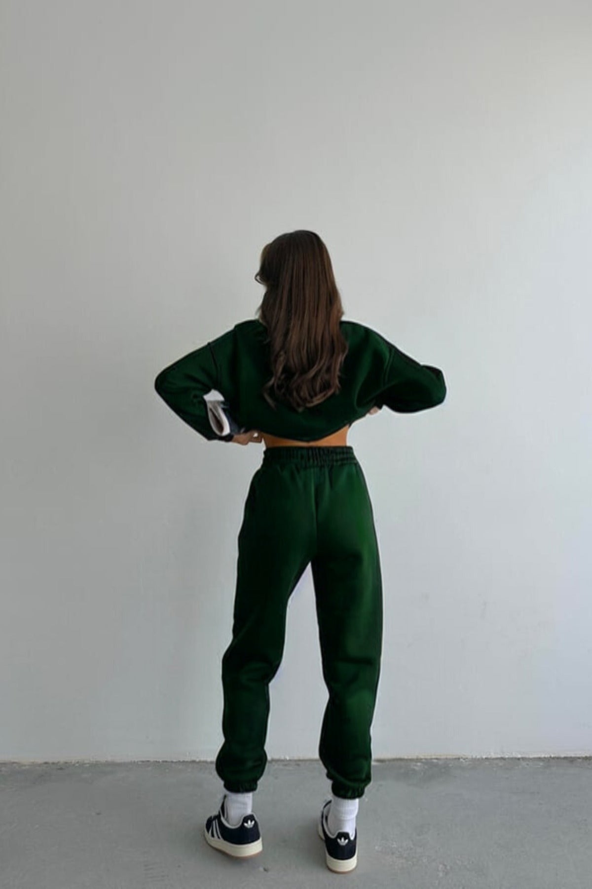 Kadın Oversize Geniş Kalıp Basic Pamuklu Eşofman Takıım - Koyu Yeşil - 2