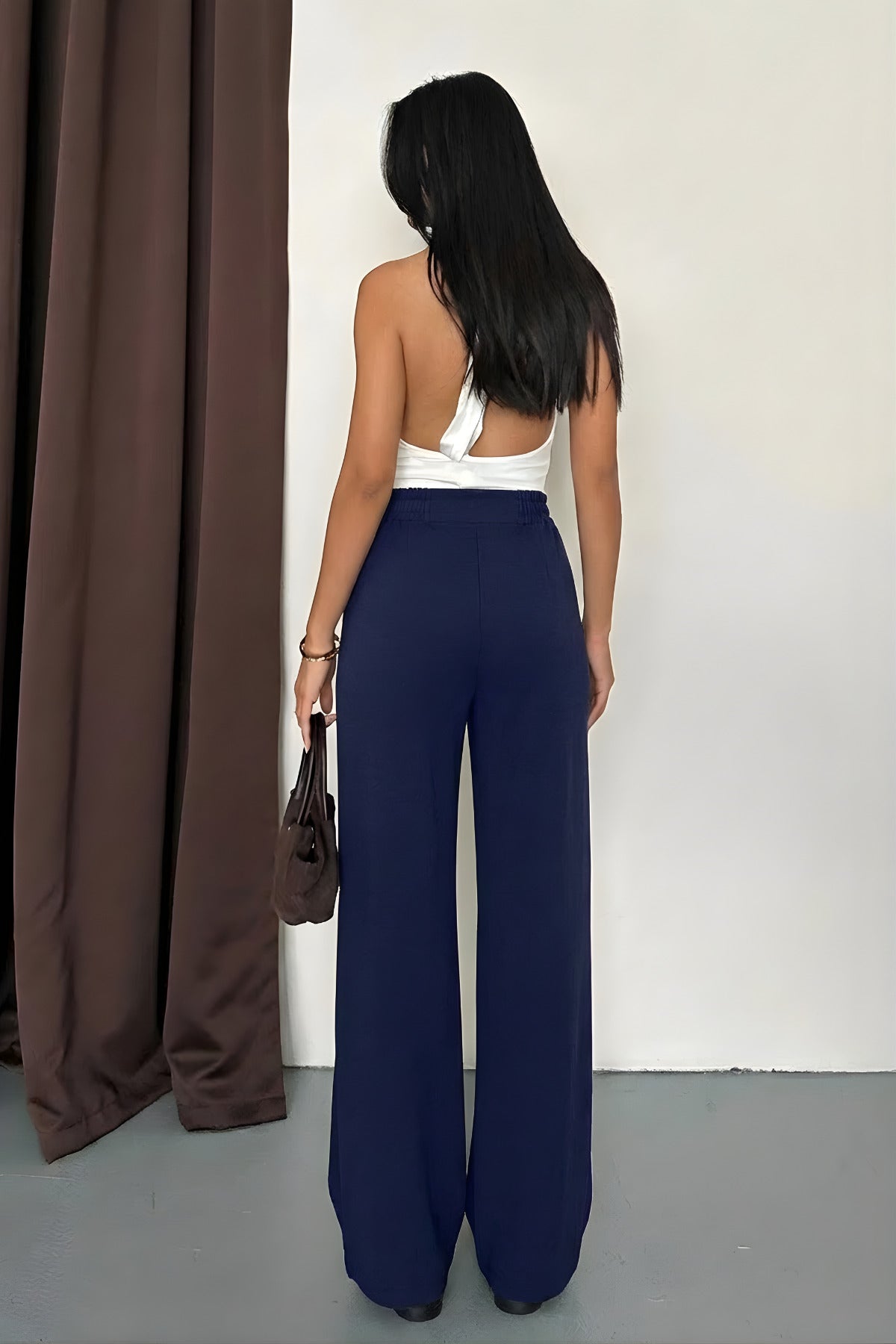 Kadın Yeni Sezon Yüksek Bel Rahat Kesim Geniş Paça Pileli Crep Pantolon - Lacivert - 4