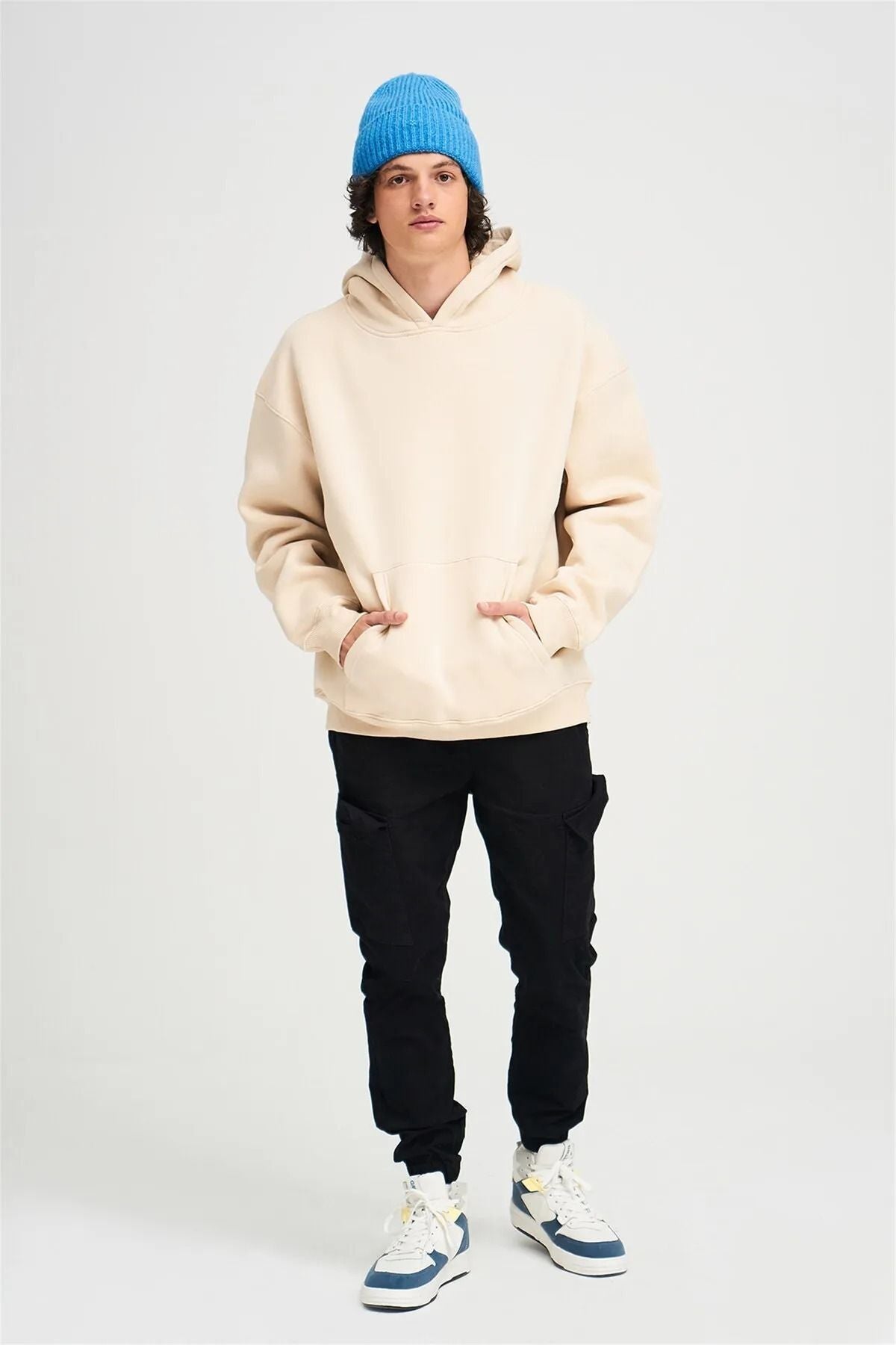 Unisex Düz Renkli Oversize Kapşonlu Hoodie Pamuklu Bej Sweatshirt - Bej - 3