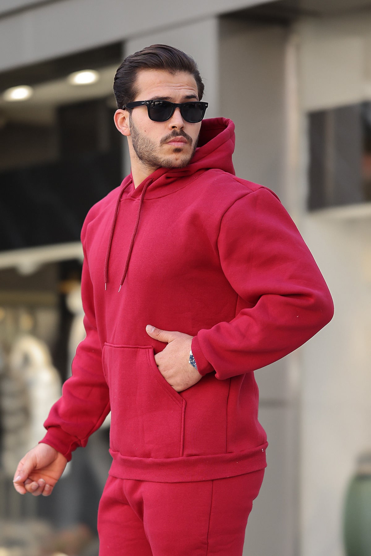 Erkek Bol Kesim Oversize 3 İ̇plik İ̇çi Pamuklu Şardonlu Kanguru Cep Kapşonlu Kışlık Hoodie Sweatshirt - Bordo - 2