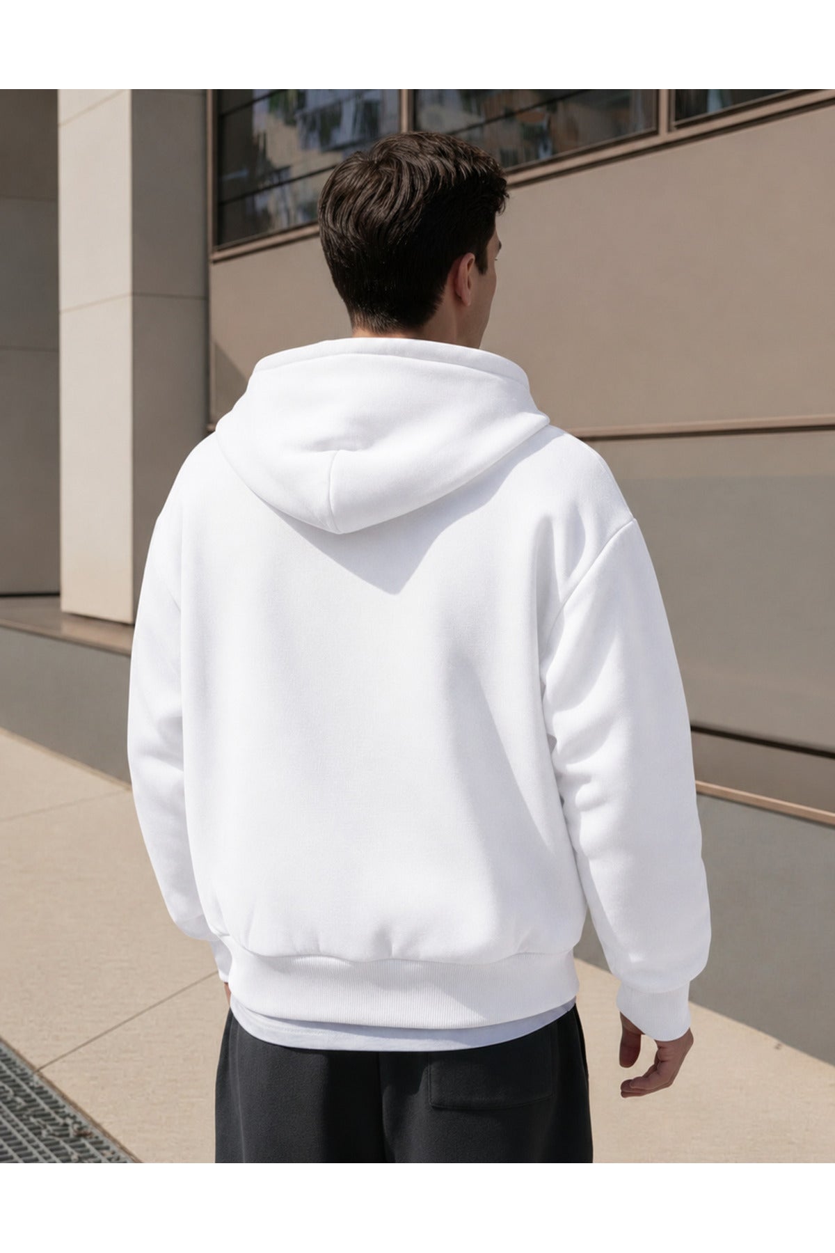 Erkek 3 İ̇pli̇k Fermuarli Kapüşonlu Oversi̇ze Rahat Sweatshirt Hirka - Beyaz - 4