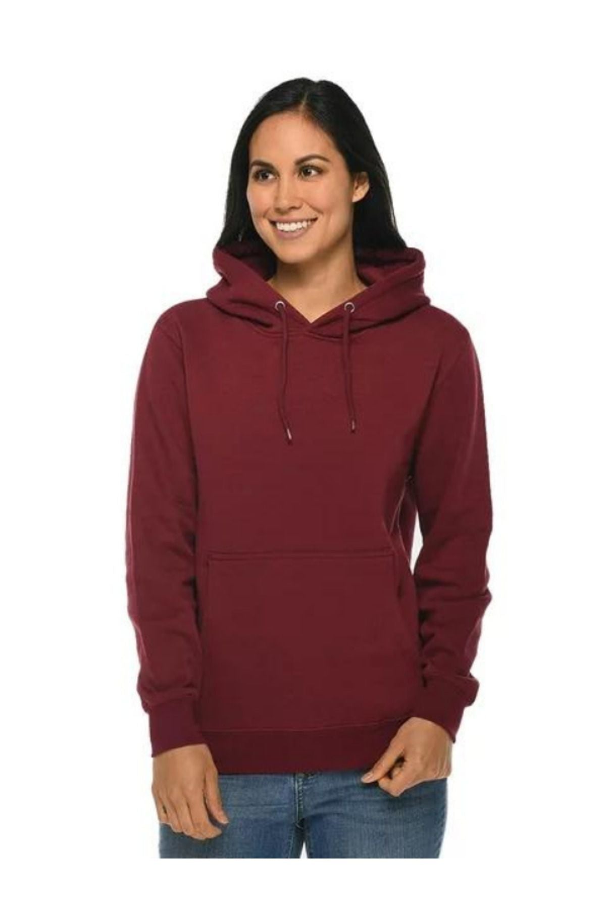 Unisex Bordo Baskısız Kanguru Cepli Kapüşonlu 3 İ̇plik Şardonlu Sweatshirt Oversize Hoodie - Bordo - 1