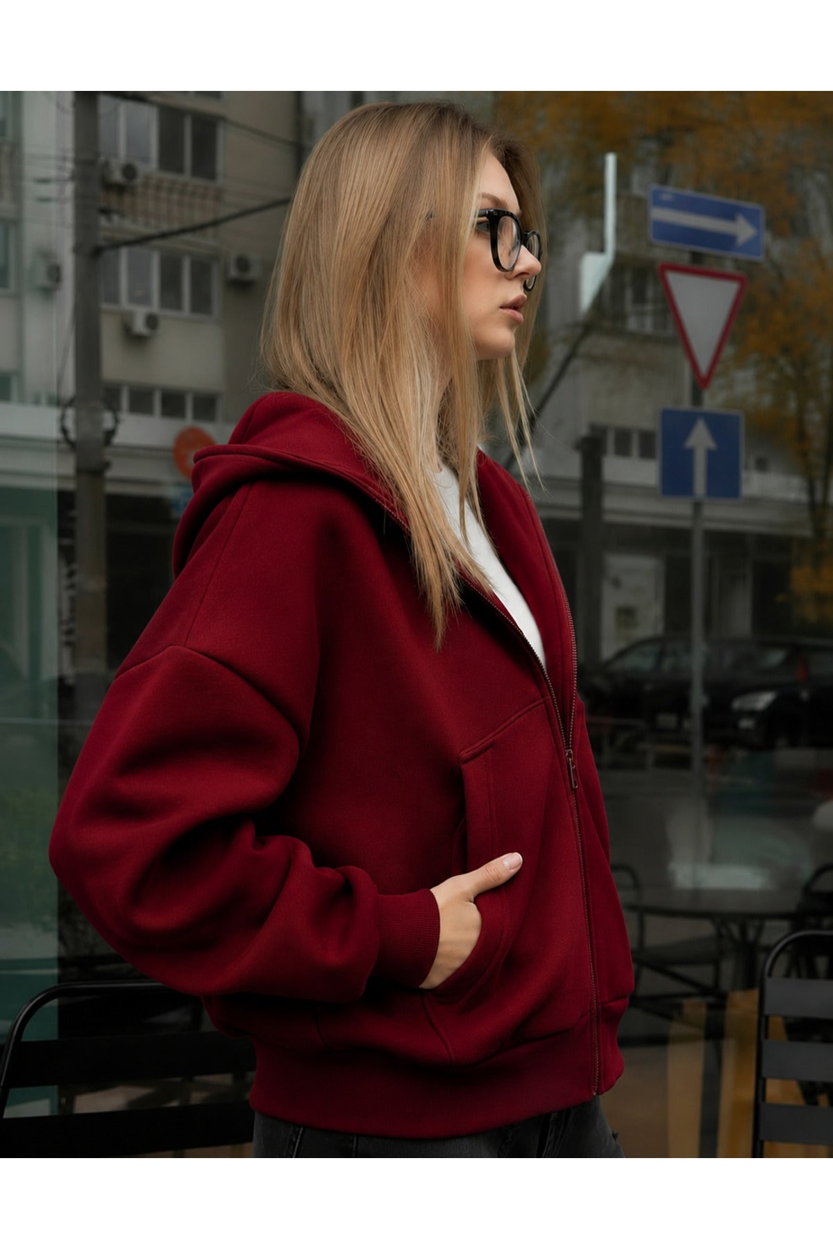 Kadin Oversi̇ze Kapüşonlu Fermuarli Hirka Sweatshirt - Bordo - 2