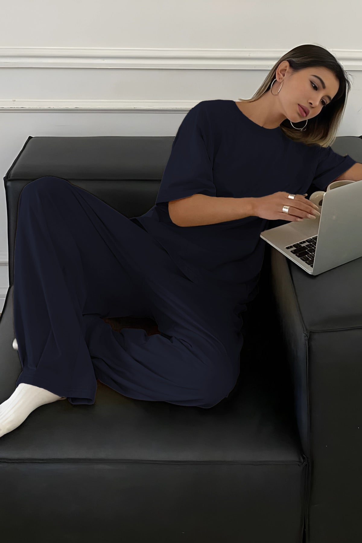 Kadın Bisiklet Yaka Yazlık Kısa Kollu Pijama Takımı - Lacivert - 1