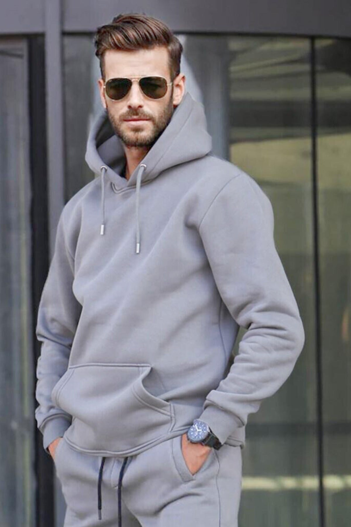 Erkek Bol Kesim Oversize 3 İ̇plik İ̇çi Pamuklu Şardonlu Kanguru Cep Kapşonlu Kışlık Hoodie Sweatshirt - Gri - 2