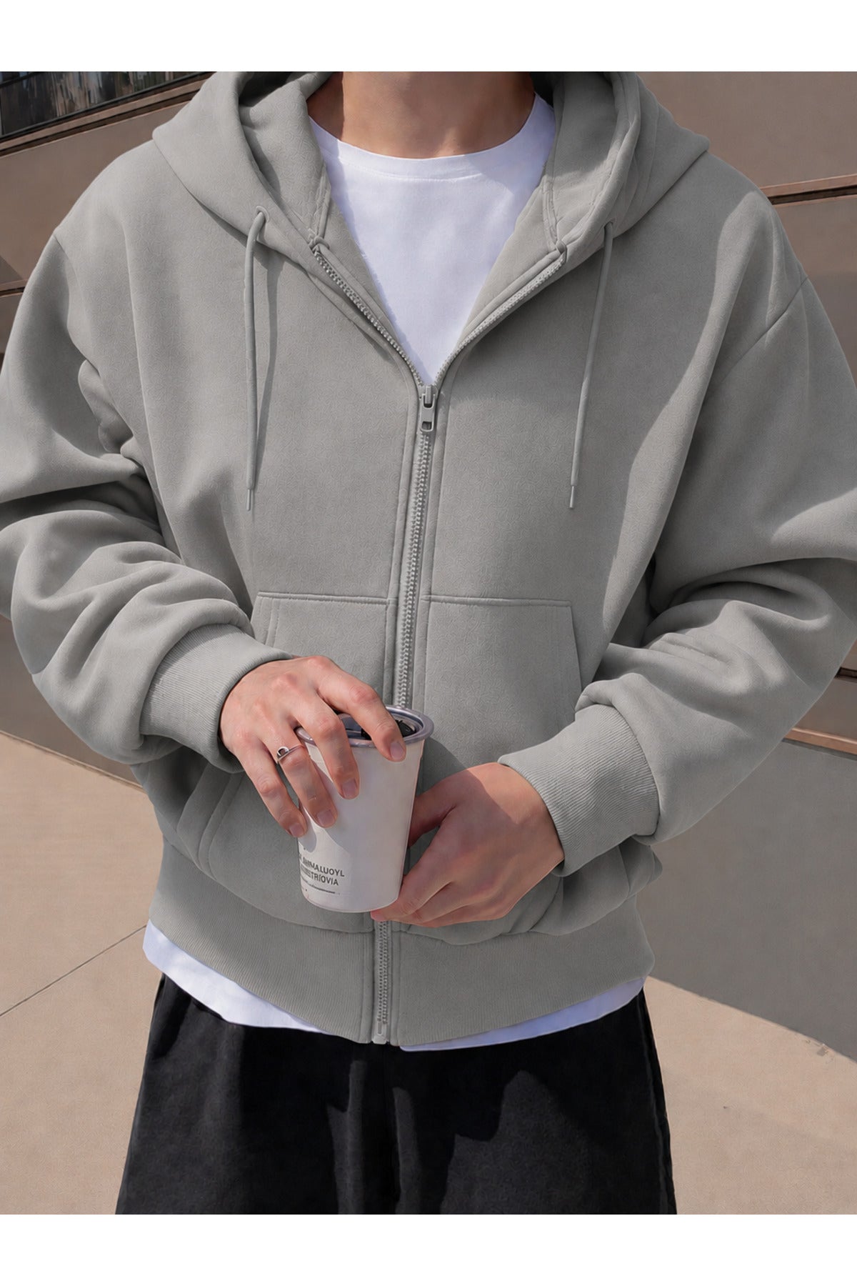 Erkek 3 İ̇pli̇k Fermuarli Kapüşonlu Oversi̇ze Rahat Sweatshirt Hirka - Gri - 2