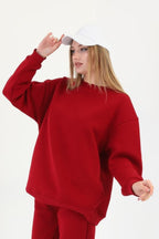 Kadın 3 İ̇plik Bisiklet Yaka Uzun Kollu Sweatshirt - Kırmızı - 2