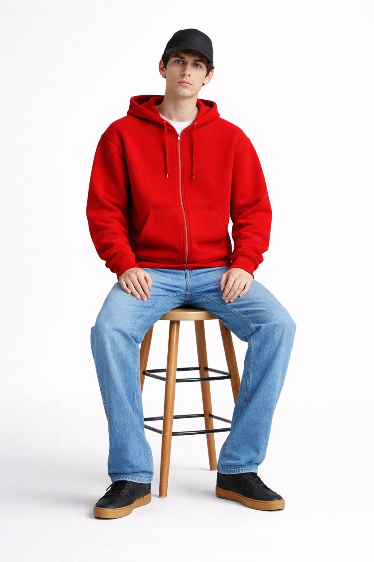 Erkek Oversize Bol Kapşonul Cepli Hoodie Hırka - Kırmızı - 1
