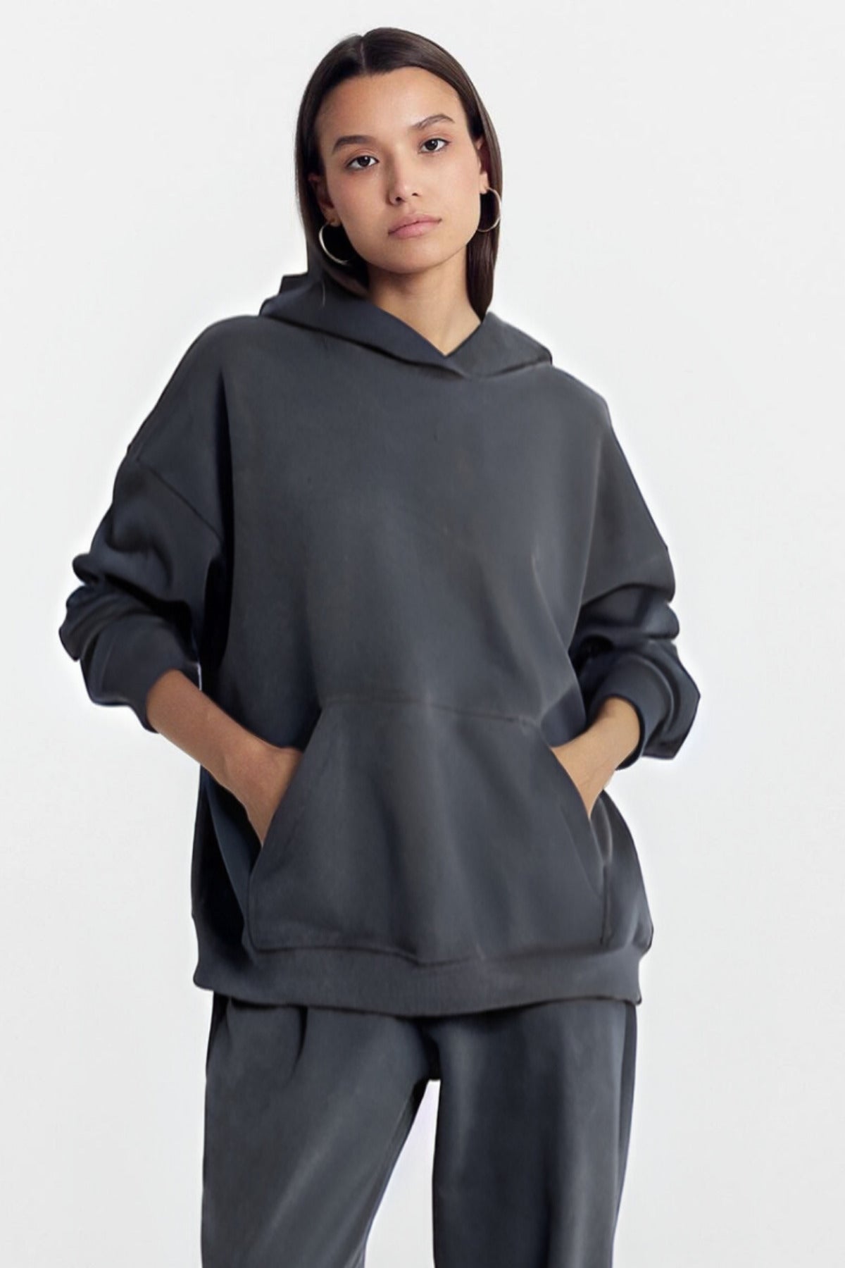 Kadın Baskısız Düz İ̇çi Şardonlu Kalın Kışlık Sweatshirt - Füme - 3