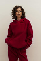 Kadın 3 İ̇plik İ̇çi Pamuklu Kanguru Cep Regular İ̇çi Pamuklu Oversize Sweatshirt - Bordo - 1