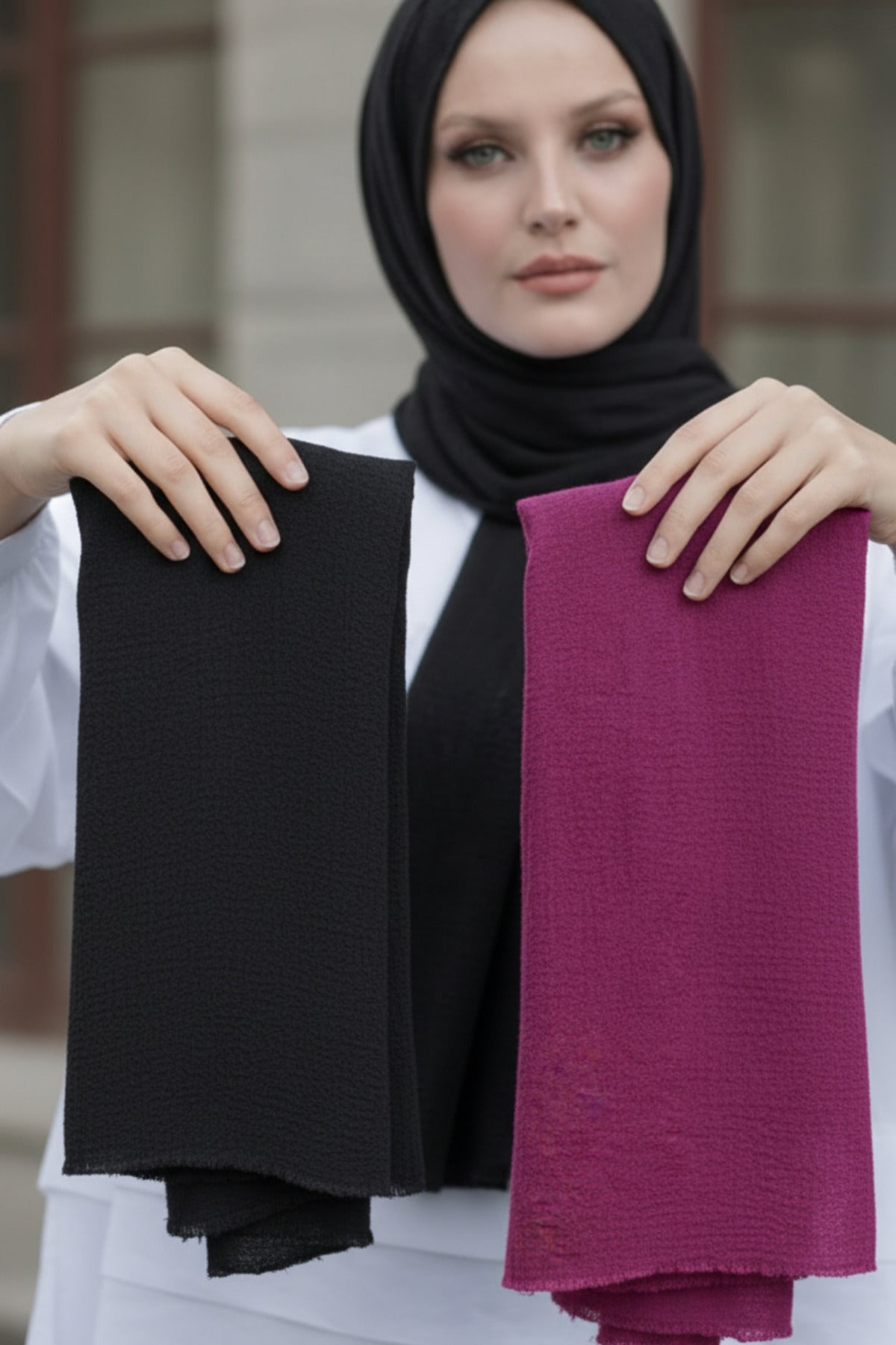 Kadın Dokulu Bürümcük 2'li Tesettür Şal 180x75 - Siyah-Mor - 1