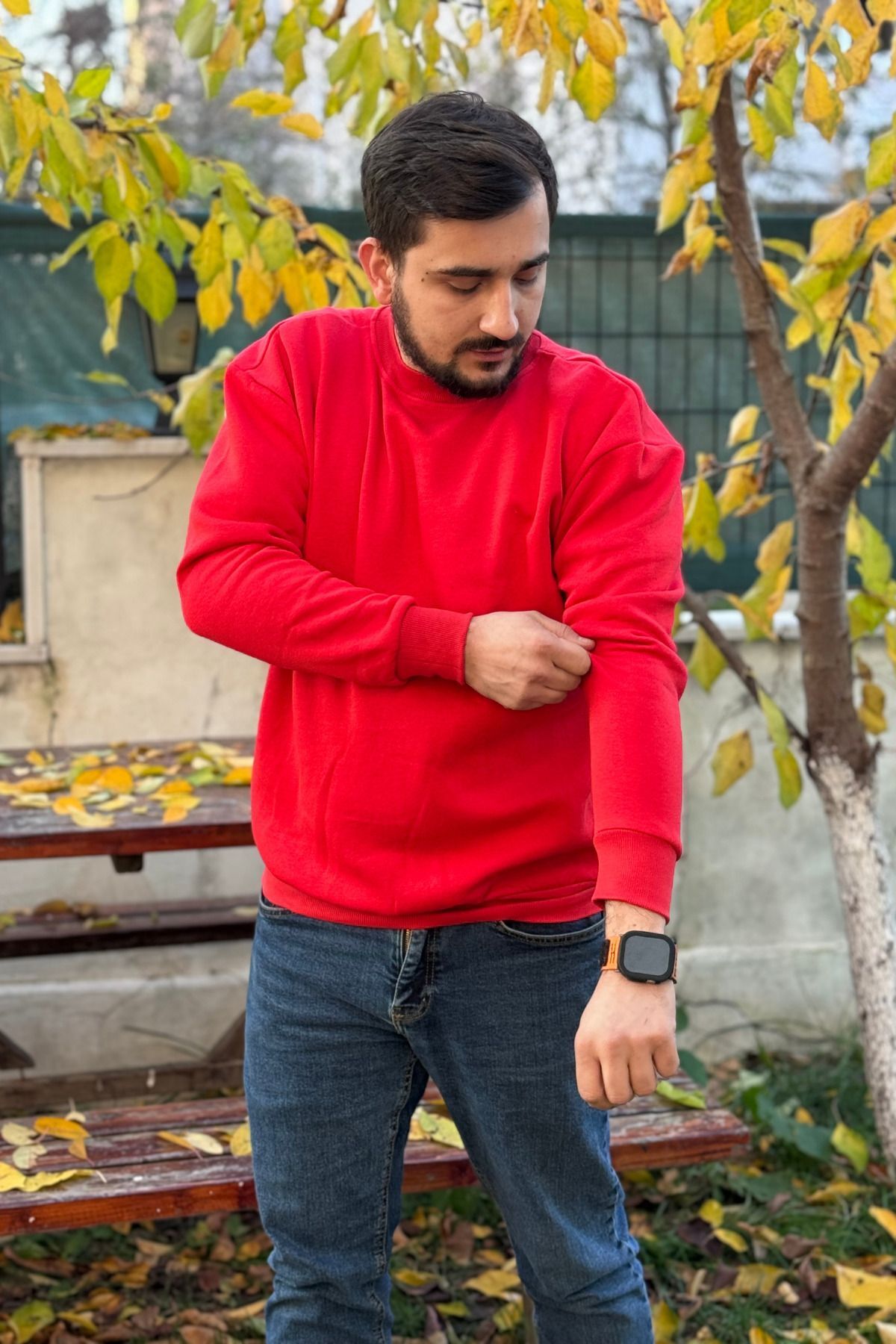 Erkek Kırmızı Bisiklet Yaka İçi Polarlı 3 İplik Pamuklu Regular Fit Unisex Sweatshirt - Kırmızı - 7