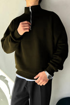 Erkek Yarım Fermuarlı Baskısız Düz Trend Model Sweatshırt Kazak - Haki - 4