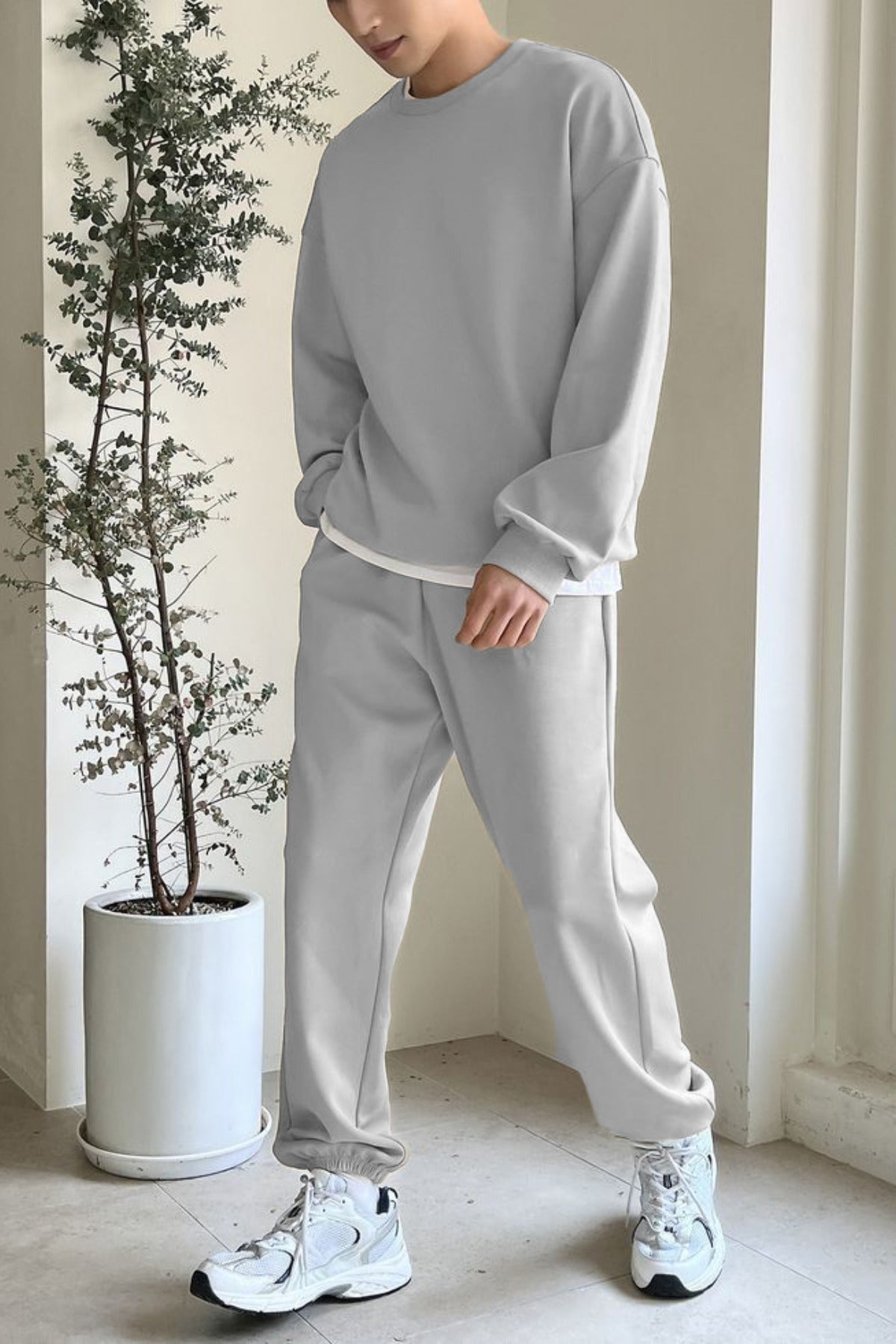 Erkek Bisiklet Yaka Oversize Jogger Paçası Lastikli Alt Üst Eşofman Takımı - Gri - 1
