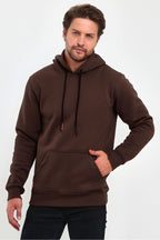 Erkek Kapşonlu Kanguru Cepli̇ 3 İ̇pli̇k Kalin Sweatshi̇rt - Kahverengi - 1