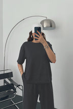 Kadın Modal Penye Yüksek Bel Oversize Alt Üst Takım - Füme - 4