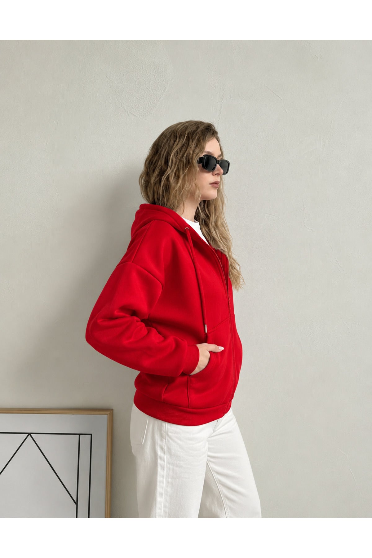Kadin 3 İ̇pli̇k Kapüşonlu Fermuarli Oversi̇ze Sweatshirt Hirka - Kırmızı - 3