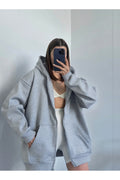 Kadın Fermuarlı Oversize Kanguru Cep Hırka - Grimelanj - 1