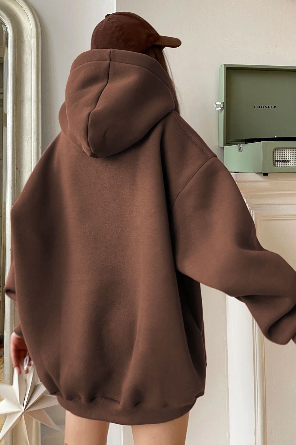 Kadın Kahverengi Kapüşonlu Şardonlu Oversize Hoodie Sweatshirt Ob - Kahverengi - 2