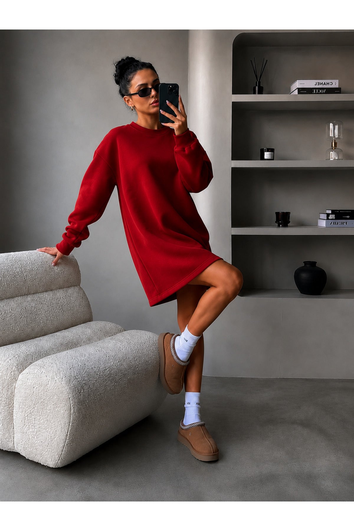 Kadin 3 İ̇pli̇k Yeni̇ Uzun Kollu Bi̇si̇klet Yaka Rahat Sweatshirt Elbi̇se - Kırmızı - 3