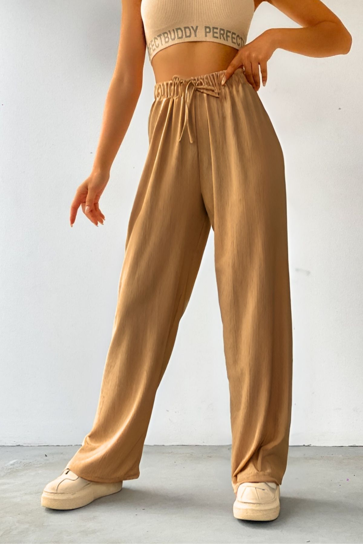 Kadın Camel Palazzo Pantolon Bol Paça Lastikli Bel - CAMEL - 1
