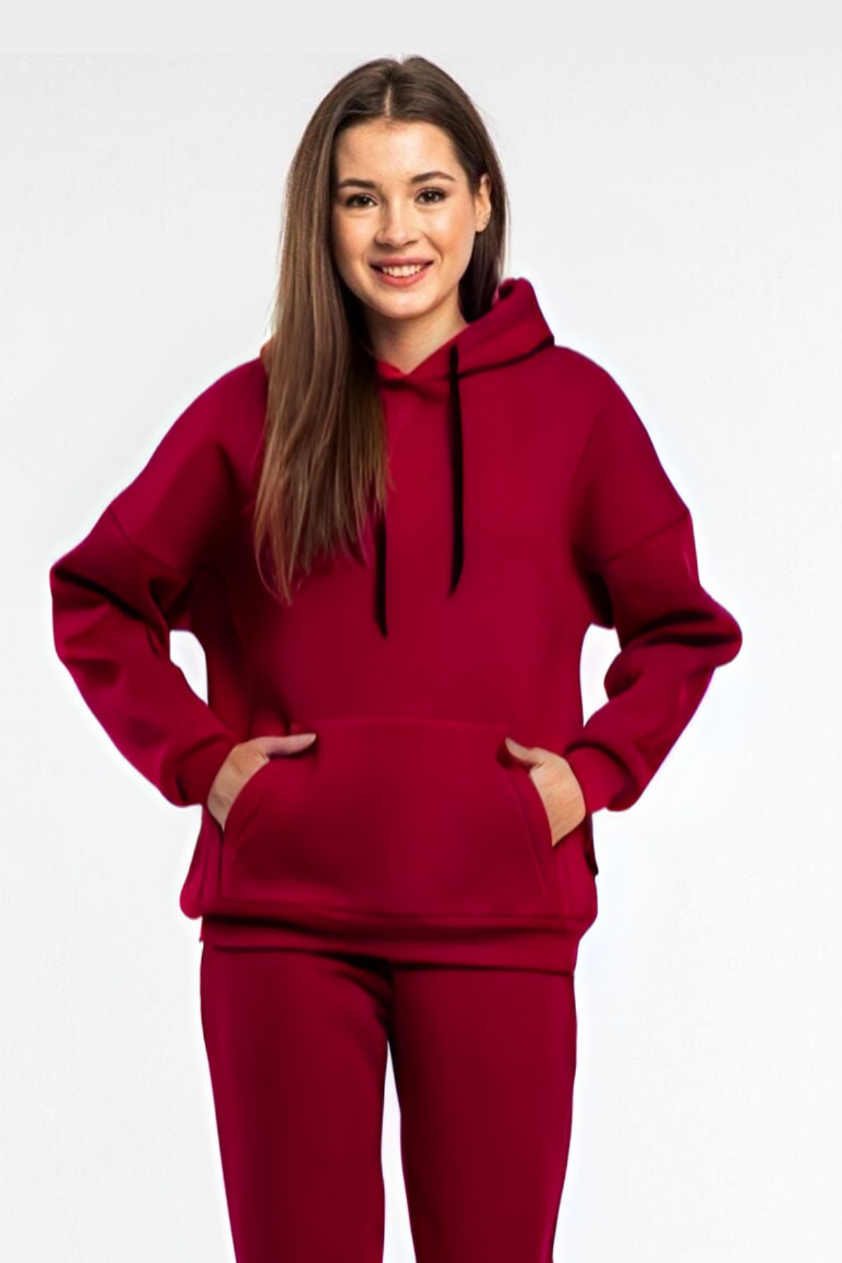 Baybayan Basi̇c Oversi̇ze Sweatshi̇rt Hoodi̇e - Bordo - 1