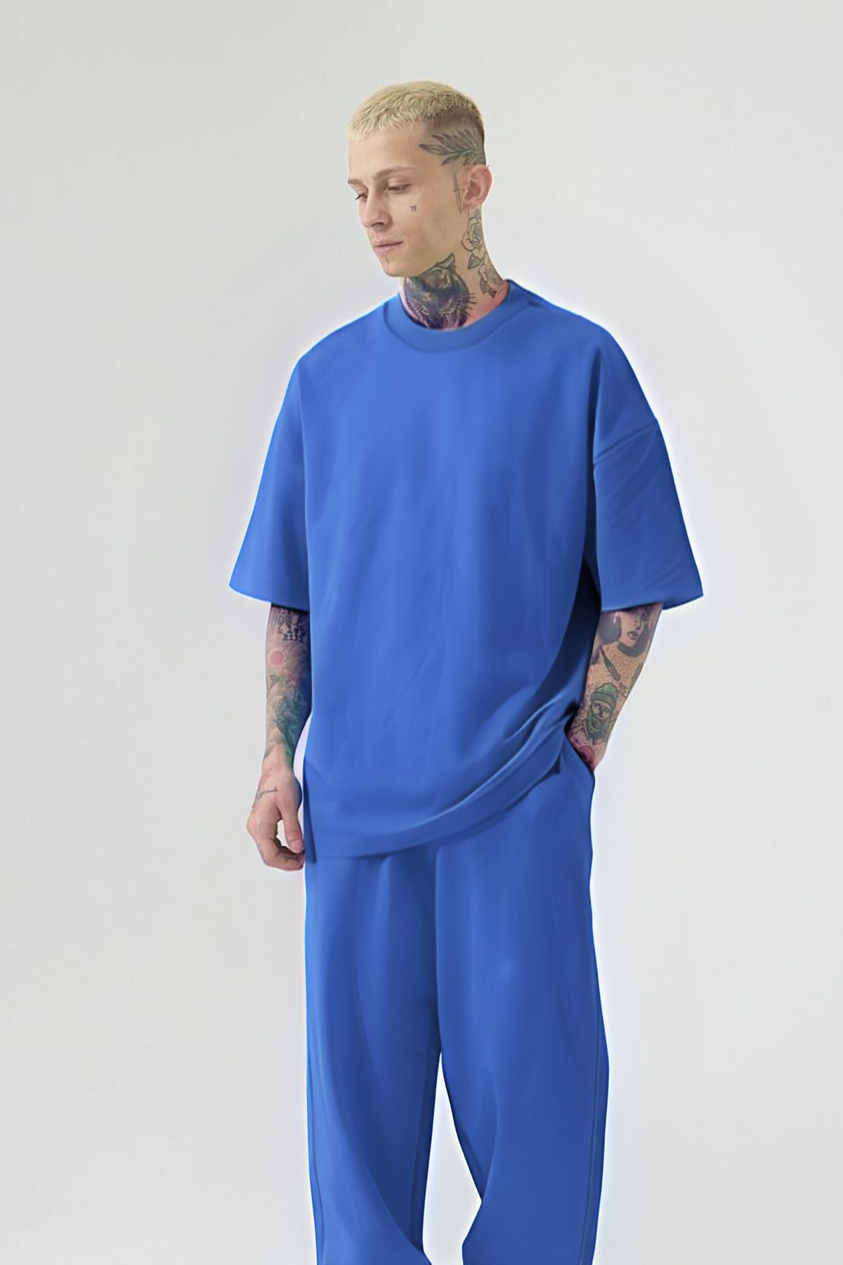 Erkek Oversize T-shirt Ve Eşofman Altı Pijama Takımı - İndigo - 1