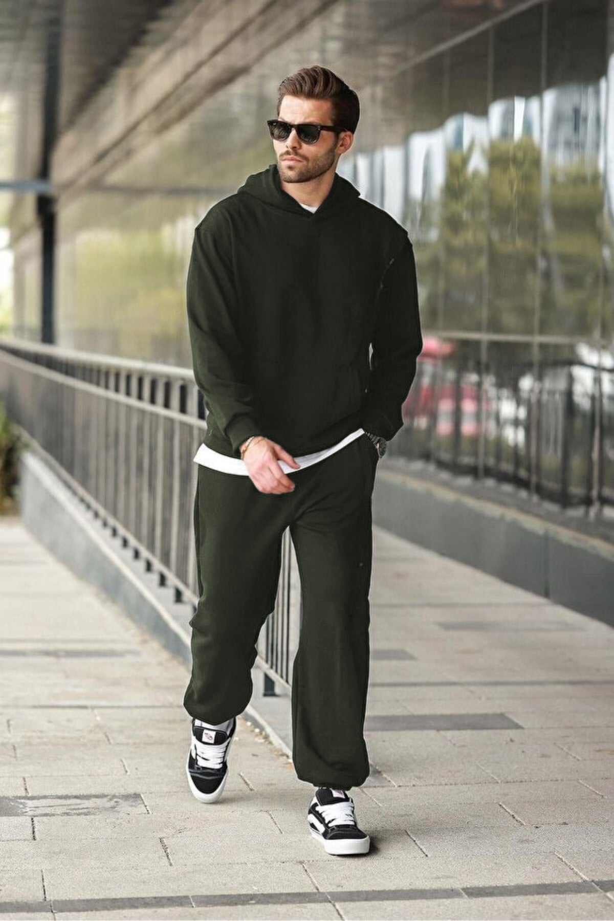 Erkek Hoodie Bol Paça Baggy Salaş Kapşonlu Rahat Kesim Eşofman Takımı - Haki - 3