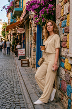 Kadin Yeni̇ Sezon Trend Kisa Kollu Li̇krali Süper Yüksek Bel Bol Paça Basic Beli̇ Bağlamali Yazlik Günlük Kullanima Uygun Alt-üst Takim - Vizon - 2