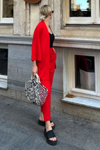Kadın Dökümlü Bürümcük Yazlık Palazzo Trend Kimono Takım - Kırmızı - 2