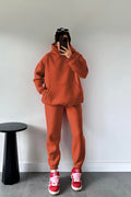 Kadın Kiremit Oversize Trend Model Kanguru Cep Kapşonlu Sweatshirt Eşofman Takımı - Kiremit - 1
