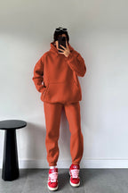 Kadın Kiremit Oversize Trend Model Kanguru Cep Kapşonlu Sweatshirt Eşofman Takımı - Kiremit - 1