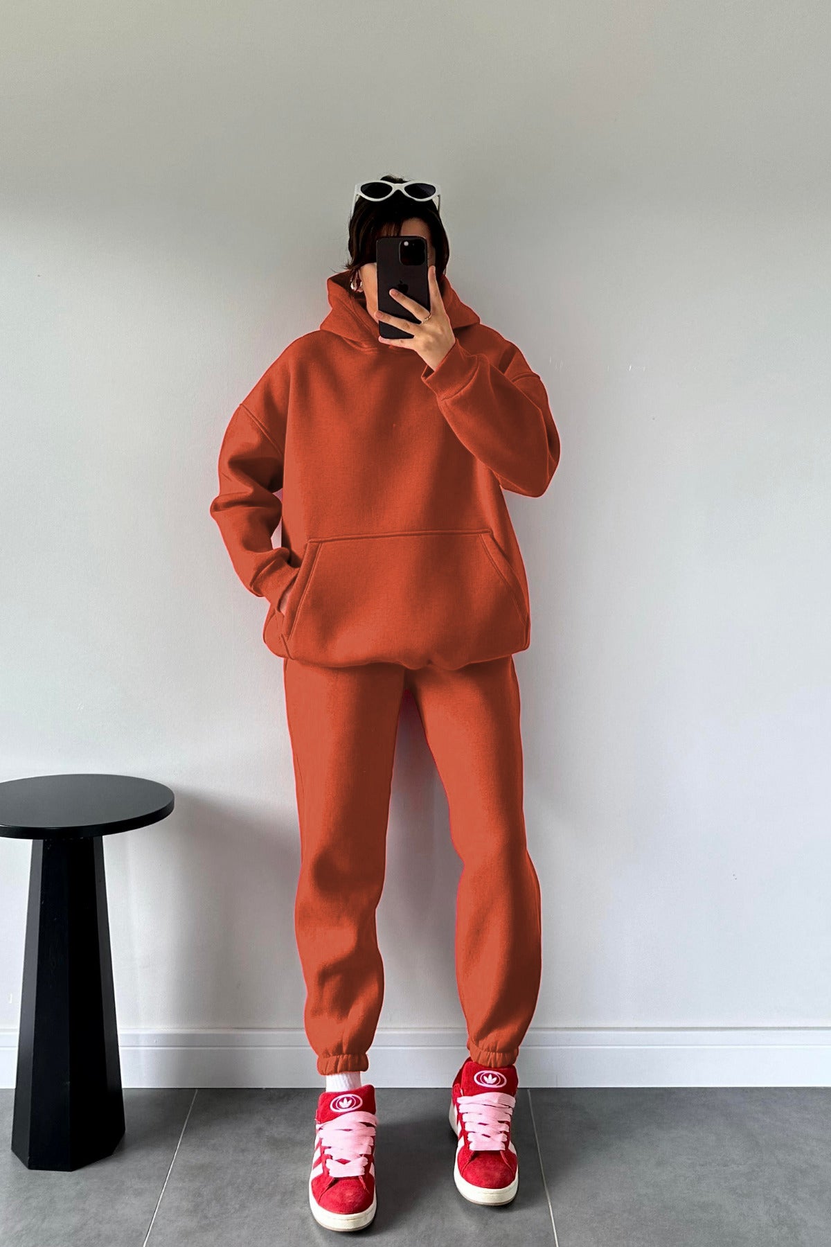 Kadın Kiremit Oversize Trend Model Kanguru Cep Kapşonlu Sweatshirt Eşofman Takımı - Kiremit - 1