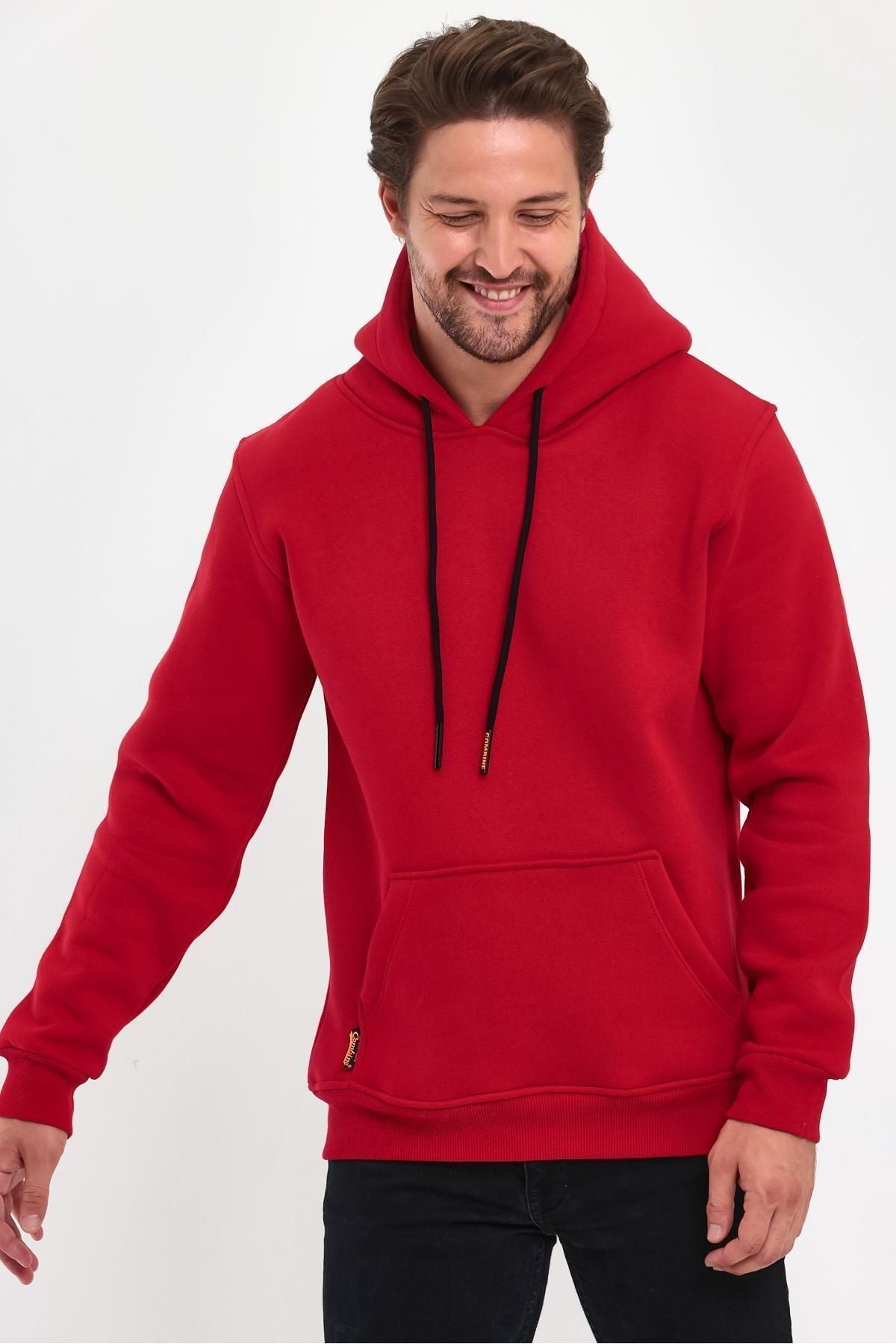 Erkek Kapşonlu Kanguru Cepli̇ 3 İ̇pli̇k Kalin Sweatshi̇rt - Kırmızı - 5