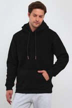 Unisex Basic Siyah Hoodie 3 İ̇plik Oversize Kapüşonlu Kangru Cepli Sweatshirt - Siyah - 3