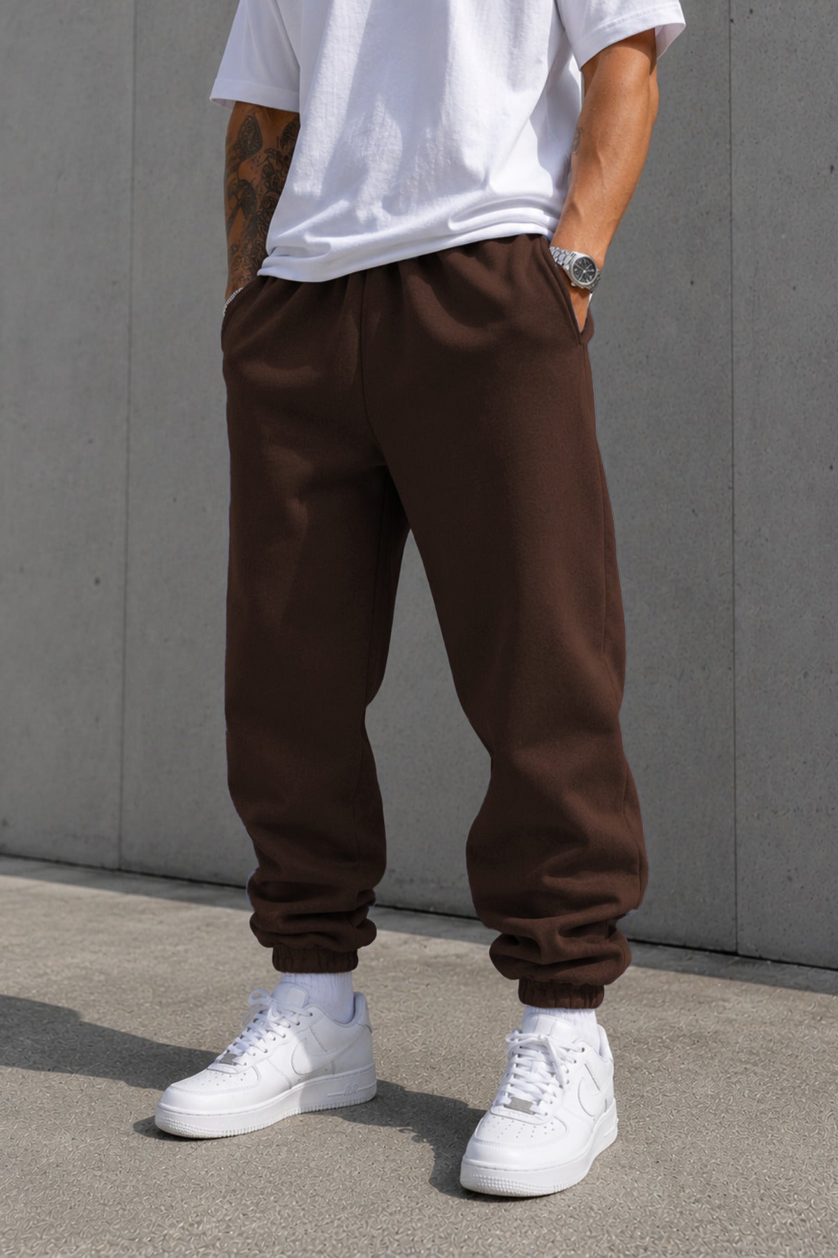 Erkek Paçası Lastikli Basic Jogger Eşofman Altı - Kahverengi - 1