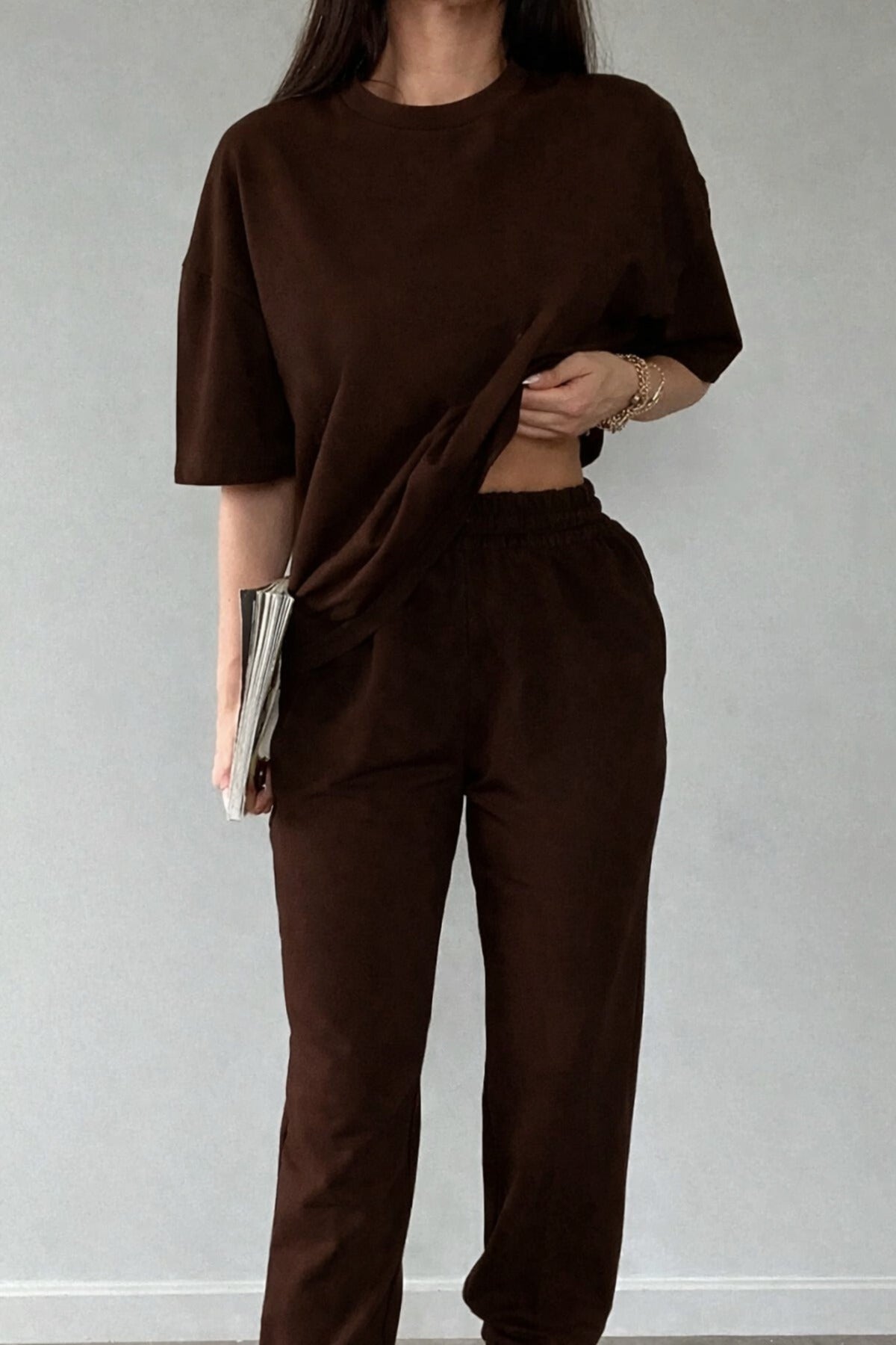 Kadın Kısa Kollu Penye Pijama Takımı Oversize Bisiklet Yaka - Kahverengi - 1