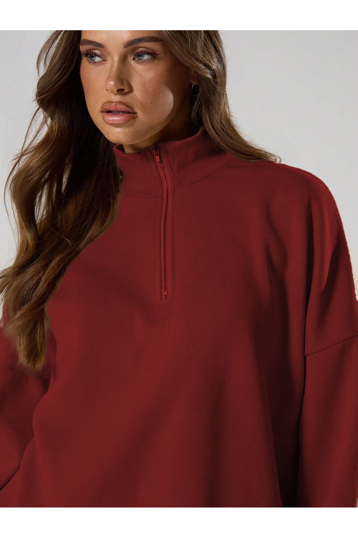 Kadın Yarım Fermuarlı Dik Yaka Kışlık Oversize Yeni Model Kazak - Bordo - 1