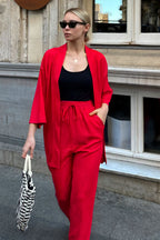 Kadın Dökümlü Bürümcük Yazlık Palazzo Trend Kimono Takım - Kırmızı - 6