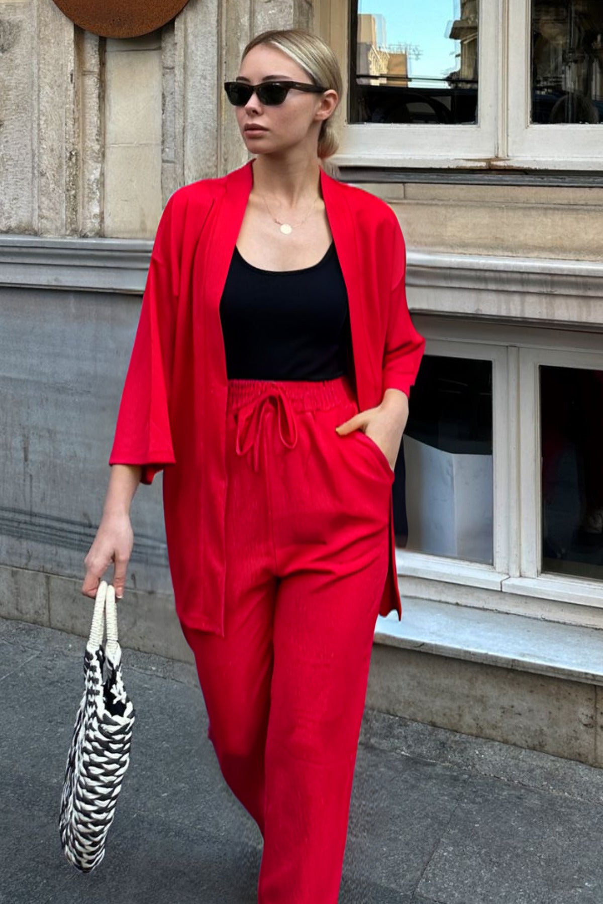 Kadın Dökümlü Bürümcük Yazlık Palazzo Trend Kimono Takım - Kırmızı - 6