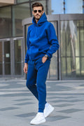 Erkek Oversize 3 İplik Kangur Cep Şardonlu Kapşonlu Eşofman Takımı - Saks Mavisi - 1