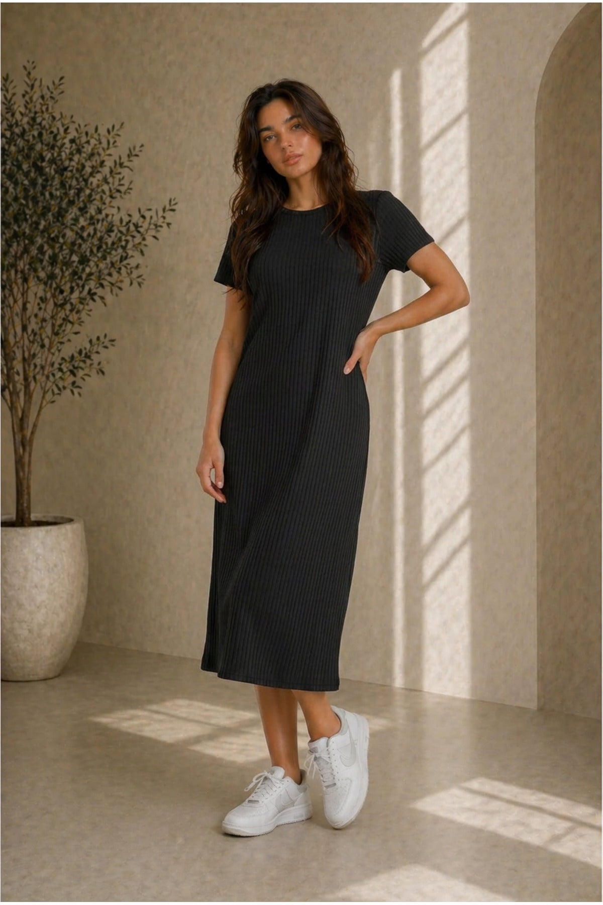Kadın Fitilli Oversize Basic Bisiklet Yaka Elbise Günlük Rahat Kalıp - Siyah1 - 2