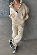 Kadin 3 İ̇pli̇k Oversi̇ze Fermuarli Sweatshi̇rt Hirka Eşofman Takimi - Beige - 1