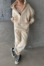 Kadin 3 İ̇pli̇k Oversi̇ze Fermuarli Sweatshi̇rt Hirka Eşofman Takimi - Beige - 1