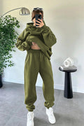 Kadın Oversize Trend Model Kanguru Cep Kapşonlu Sweatshirt Eşofman Takımı - Yağ Yeşili - 1