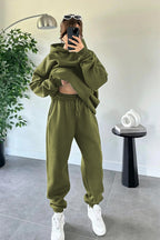 Kadın Oversize Trend Model Kanguru Cep Kapşonlu Sweatshirt Eşofman Takımı - Yağ Yeşili - 1